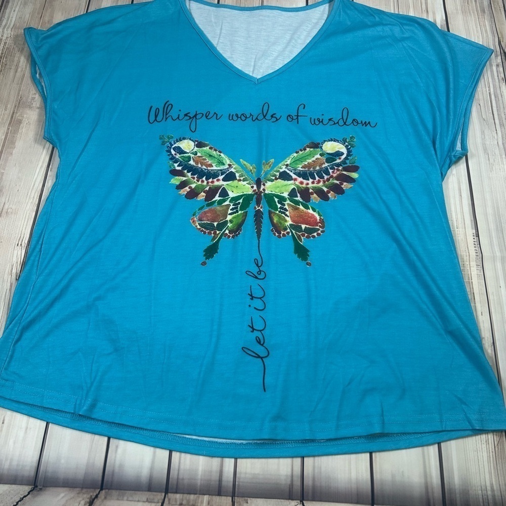 Blue Graphic Butterfly “Let it Bee” Women's VNeck Top. Size 3X. Artsy.
